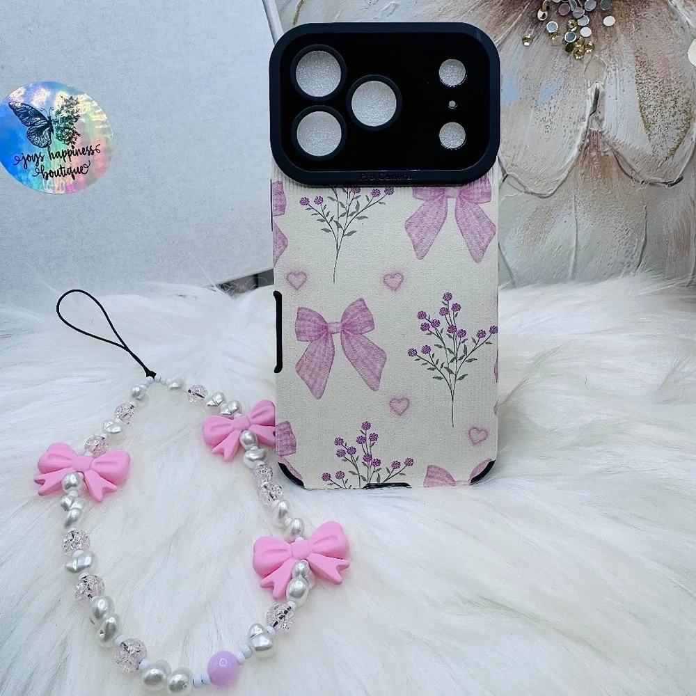 Chic Pink Bow iPhone 17 Pro Case with Phone Bow Beaded lanyard
